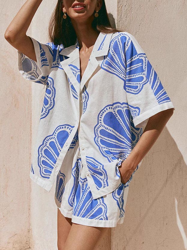 Casual Ocean Shell Print Shorts Two-Piece Set
