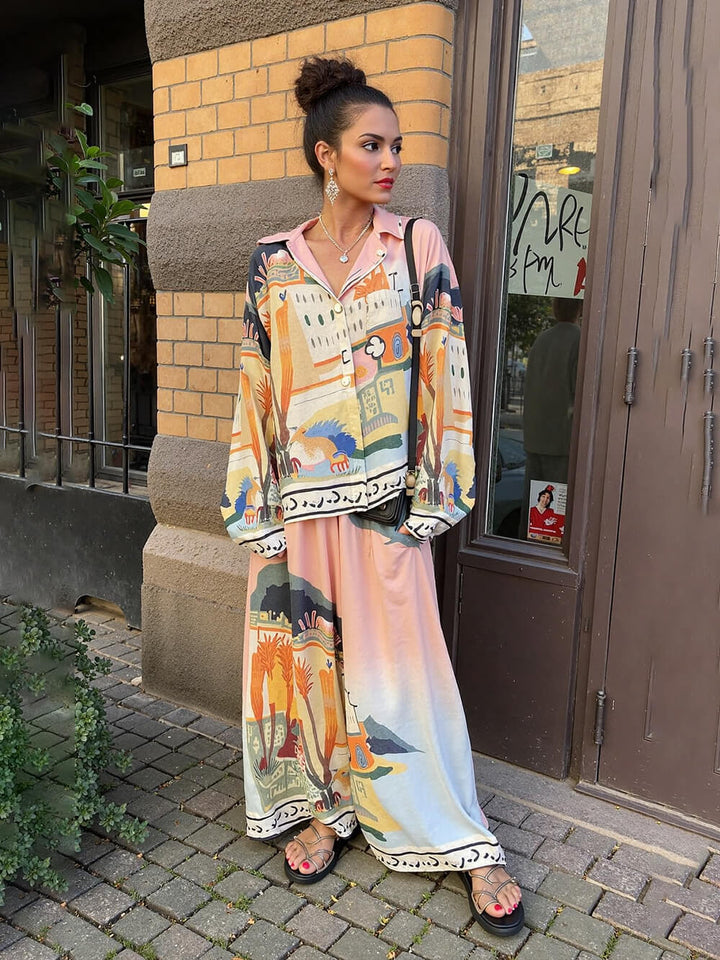Unique Satin Landscape Print Loose Elastic Waist Pocket Wide Leg Pants