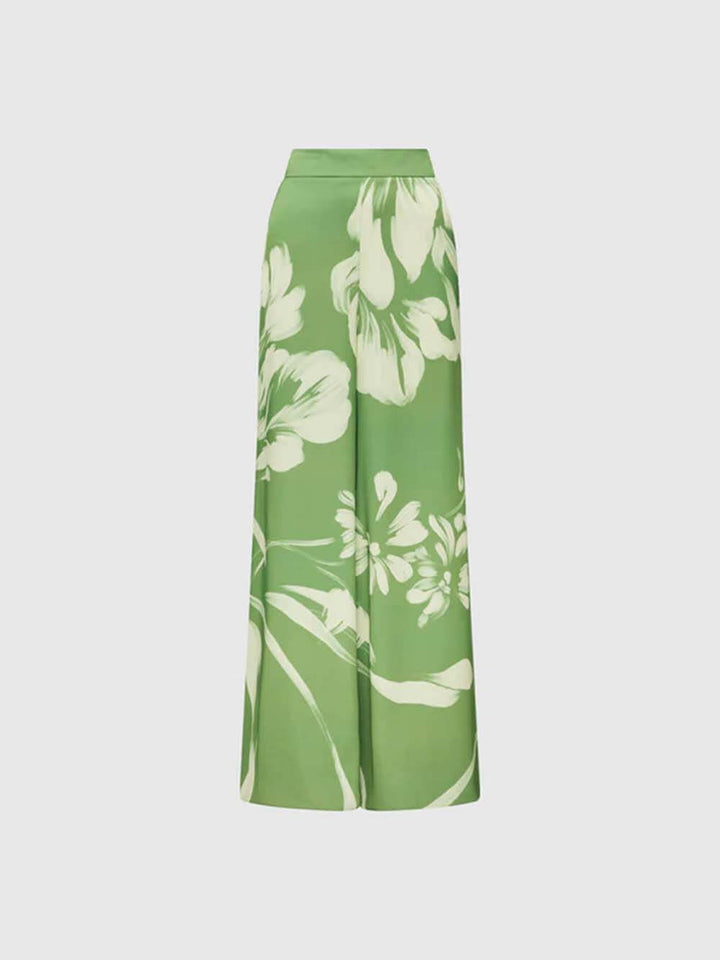 Modern Satin Abstract Floral Print Bell-Bottom Pants