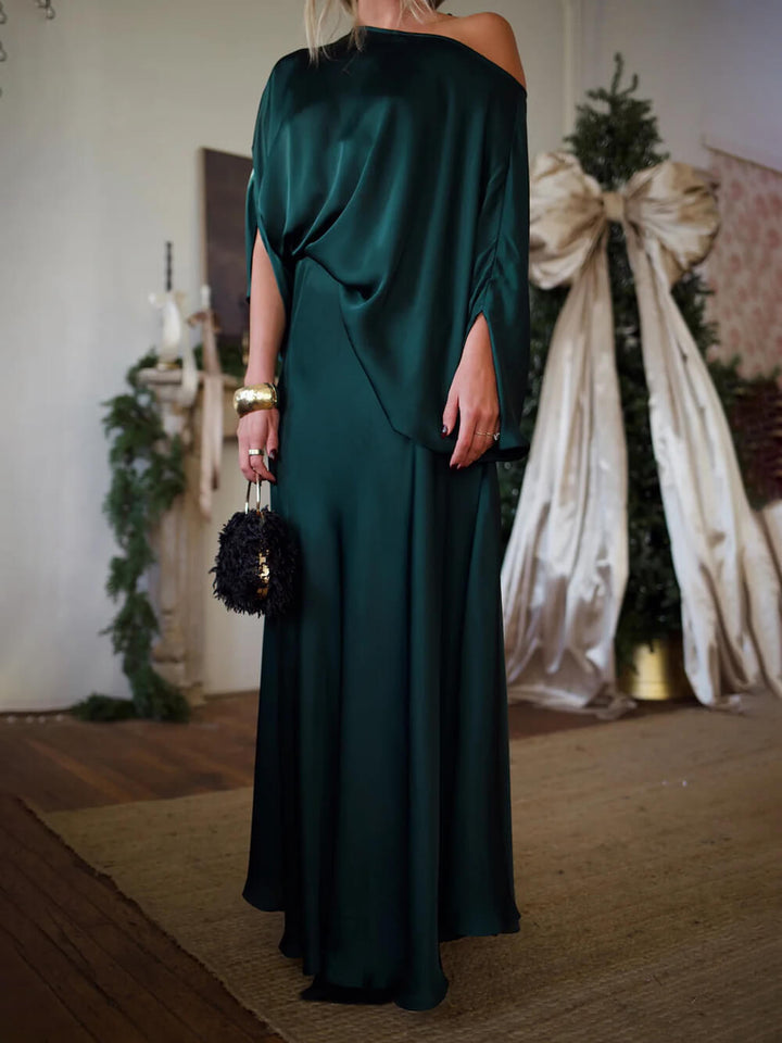 Exquisite Satin Pleated Shirt and High-Waist Maxi Skirt Set