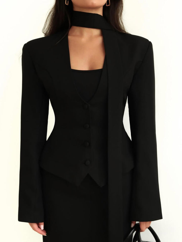 Fashion Solid Color V-Neck Scarf-Trimmed Long Sleeve Blazer