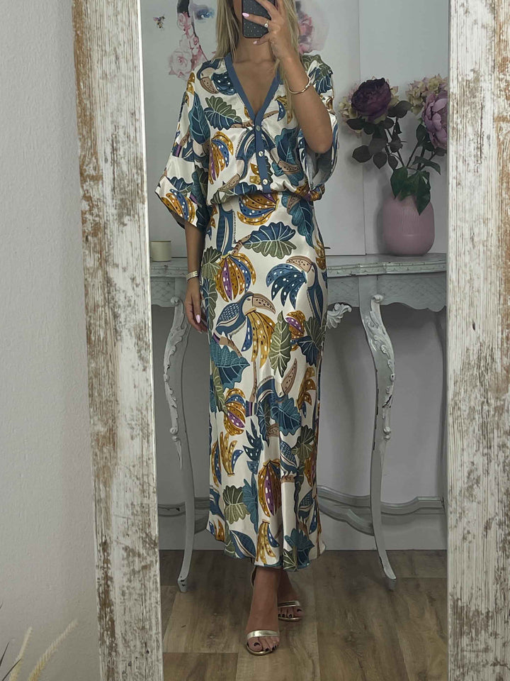 Retro Jungle Palm Leaf Satin Print Two-Piece Set