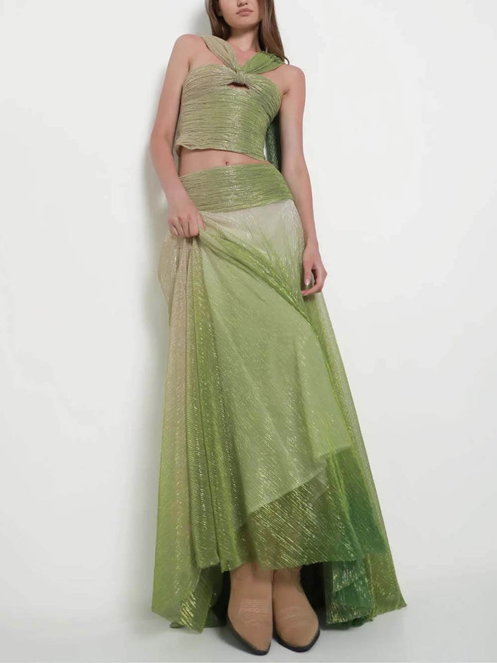 Elegant Ombre Printed One-Shoulder Cutout Top and High-Waisted A-Line Skirt Set