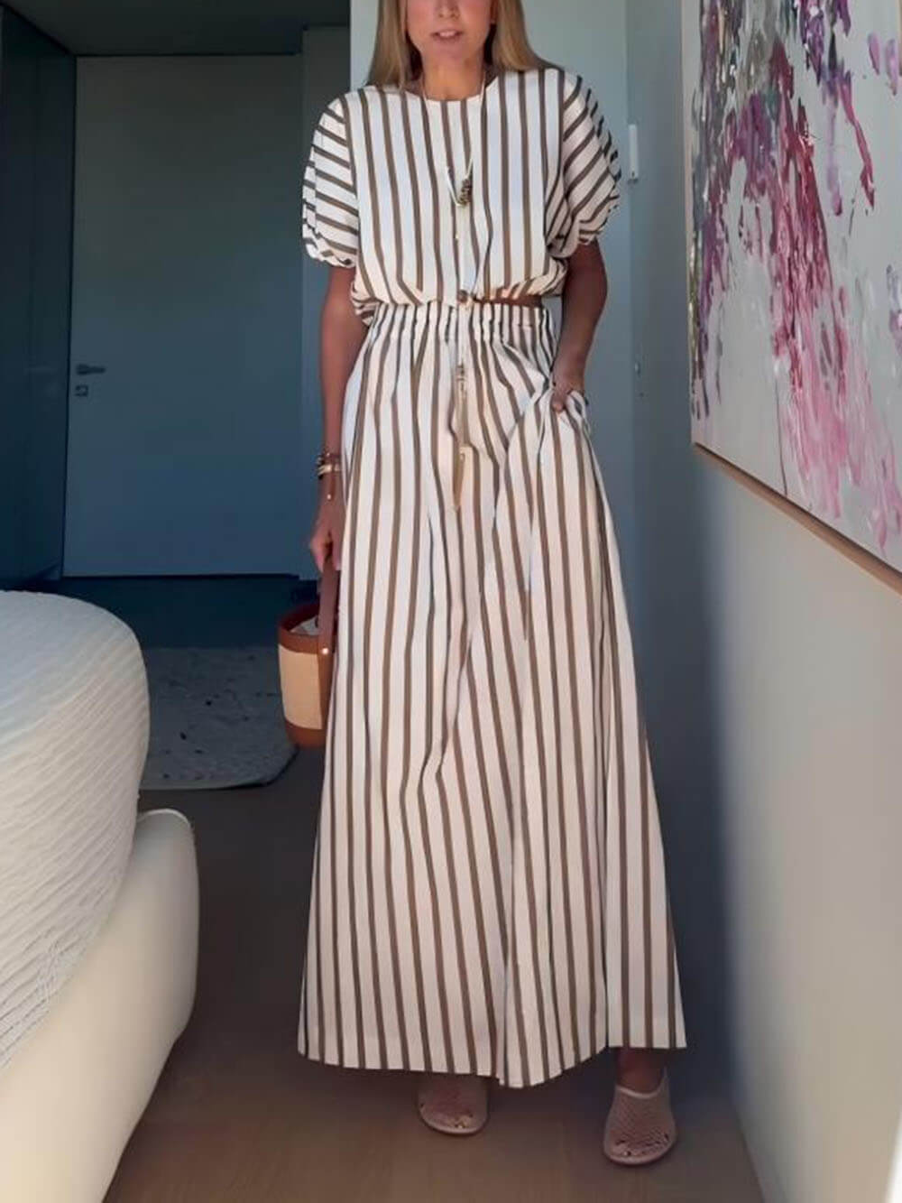 Exquisite Unique Striped Print Drawstring Loose Tops