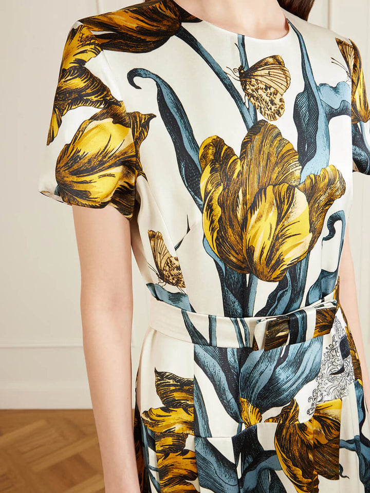 Fashion Printed Satin Waist-Cinching Maxi Dress