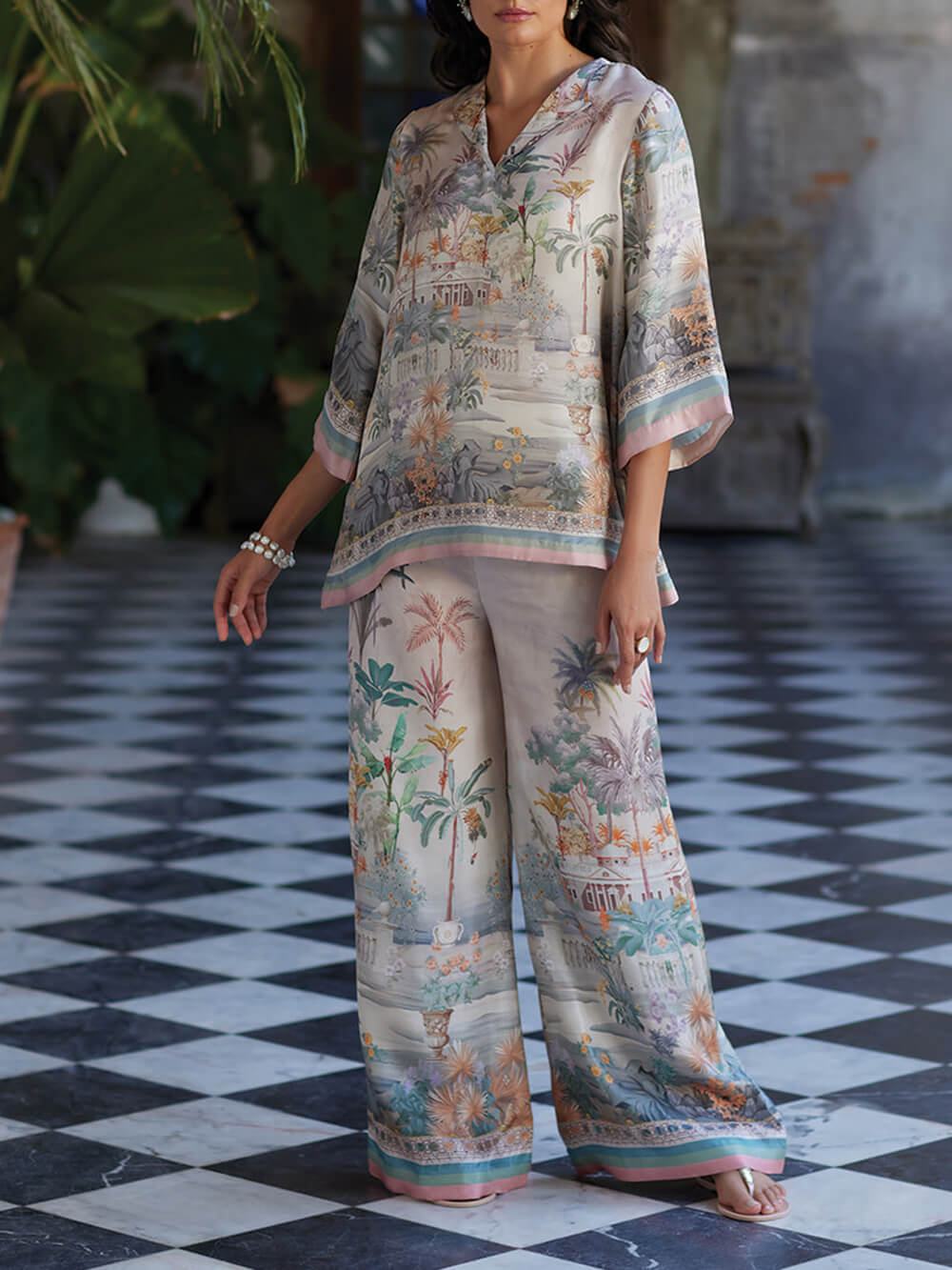 Playful And Elegant Digital Print Flared Sleeve Loose Oversized Shirt