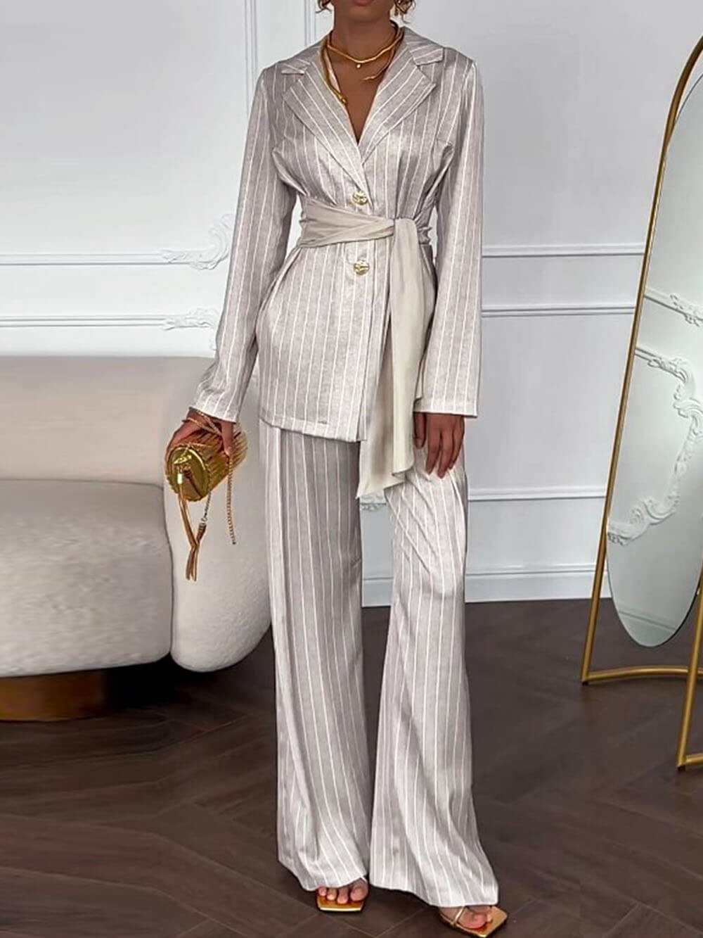 Elegant Lapel Striped Print Tie-Waist Blazer