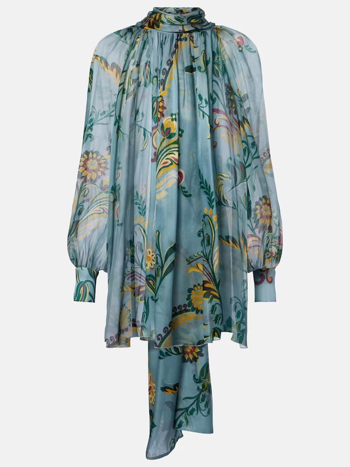 Delicate Floral Print Pleated Tie-Front Chiffon Blouse