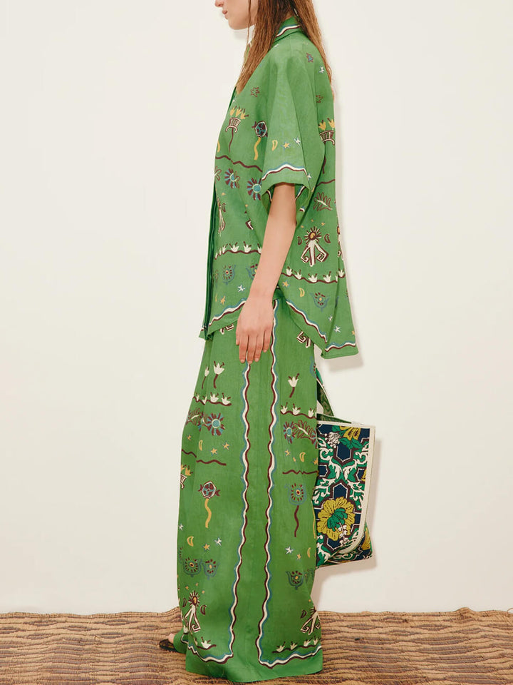 Unique Casual Sunny Dancer Print Button-Up Shirt Fitted Waist Loose Wide-Leg Pants Set