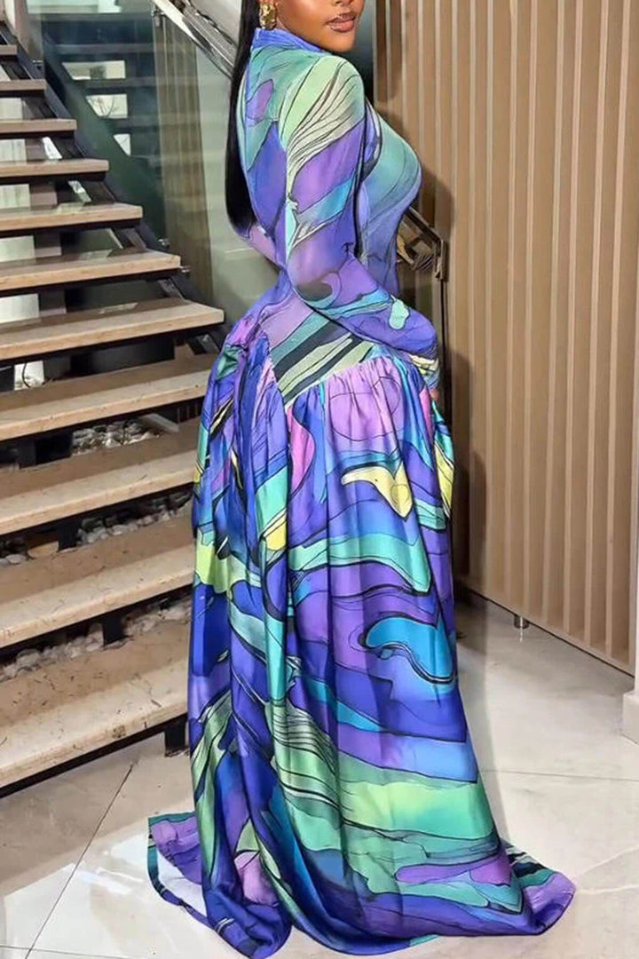Unique Artistic Print Ruched Maxi Dress