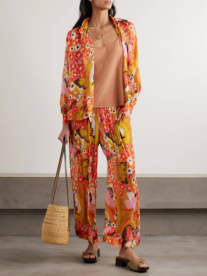 Unique Floral Print Elastic Waist Straight-Leg Pants