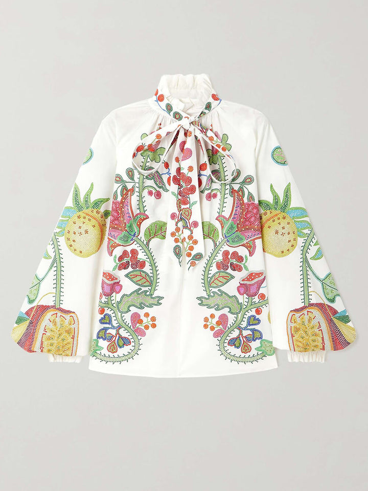 Unique Bow Tie Neck Floral Satin Ruffle Loose Blouse