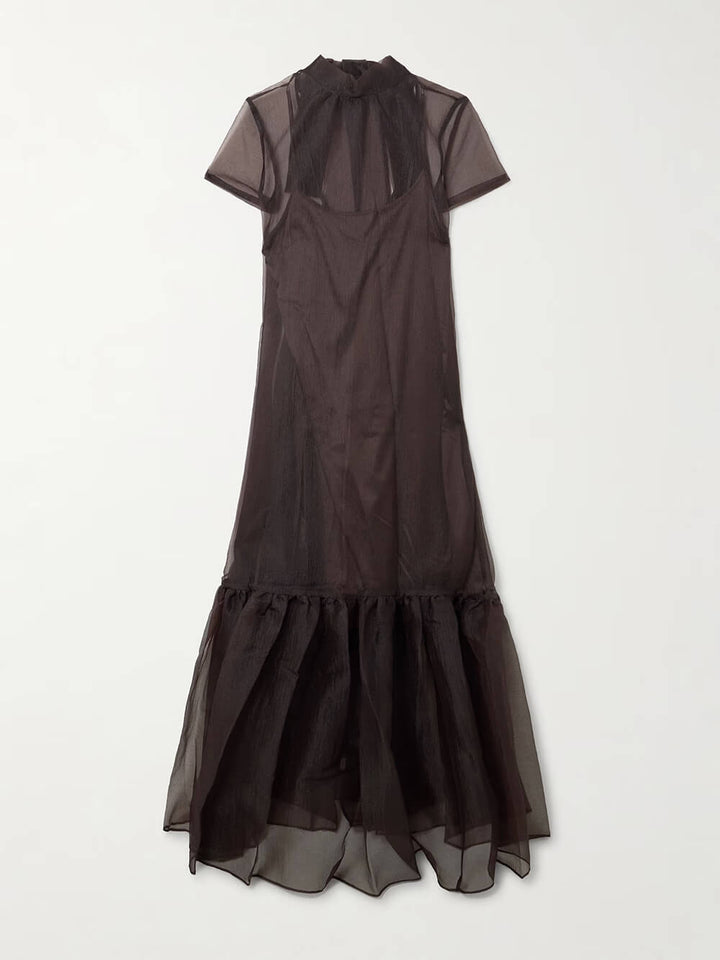 Casual Lace-up Neck Layered Organza Maxi Dress