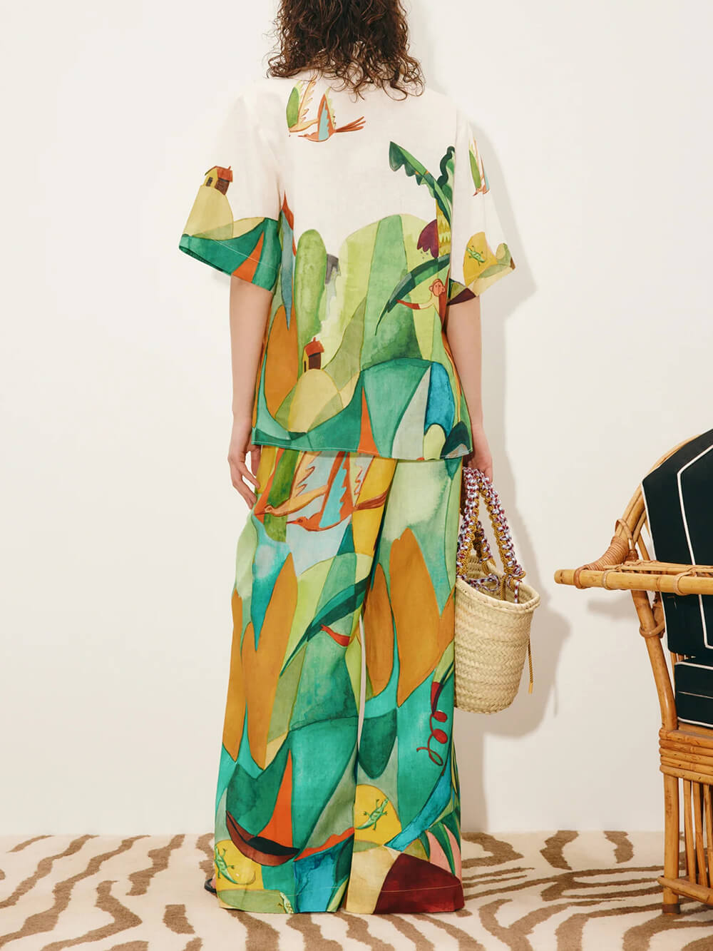 Unique Modern Linen Abstract Print Loose Wide-Leg Pants