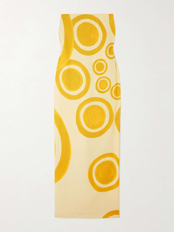 Elegant Off-Shoulder Circle Print Double-Crepe Maxi Dress