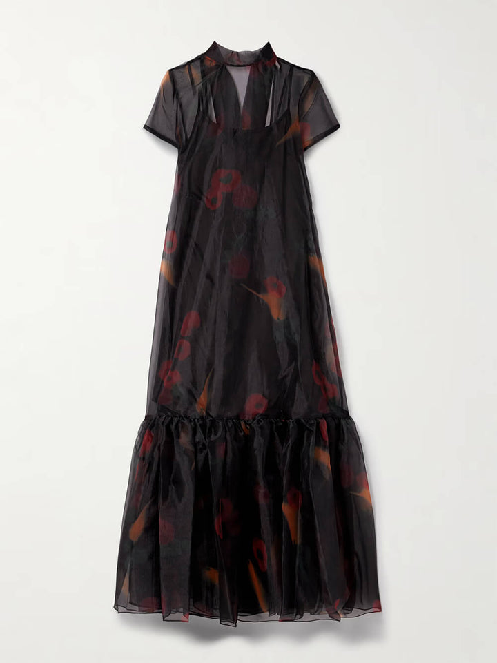 Casual Tie-Neck Multi-Layer Printed Maxi Dress