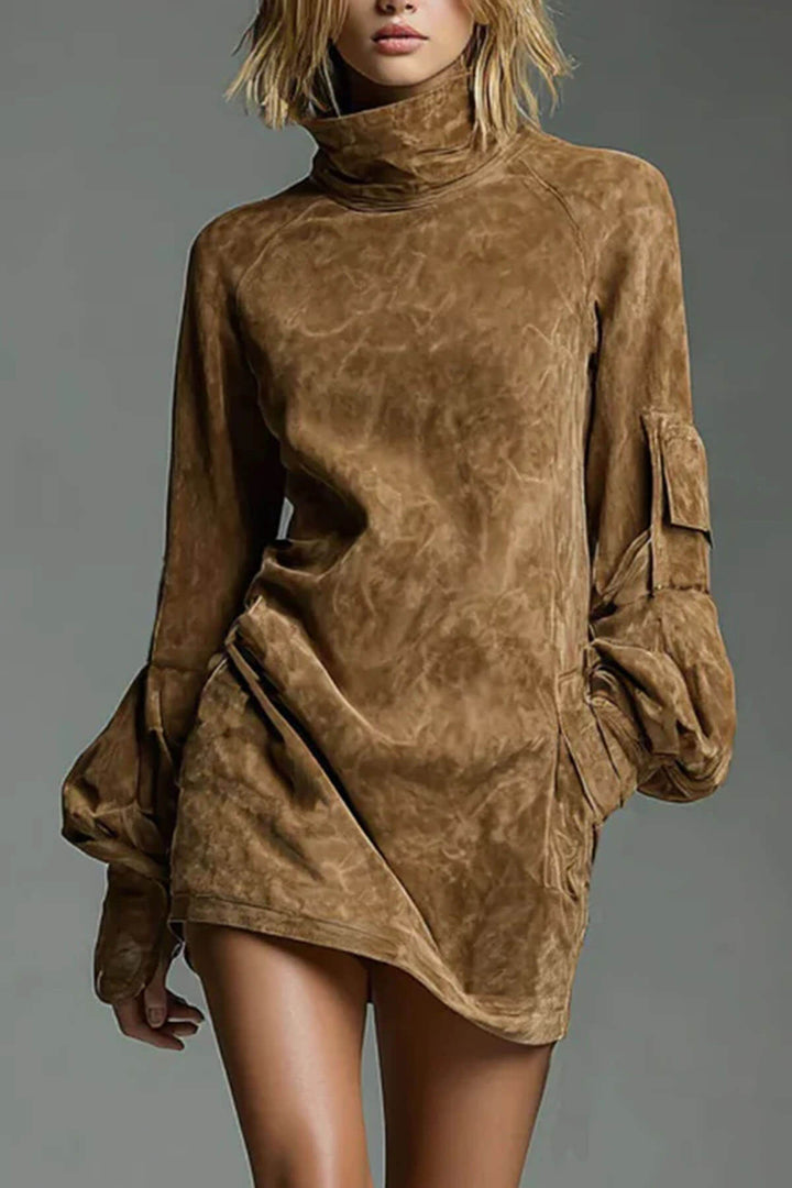 Retro Stylish High-Neck Long-Sleeved Casual Pocket Mini Dress