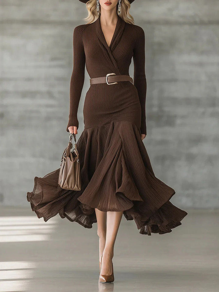 Casual V-neck Irregular Ruffle Midi Dress