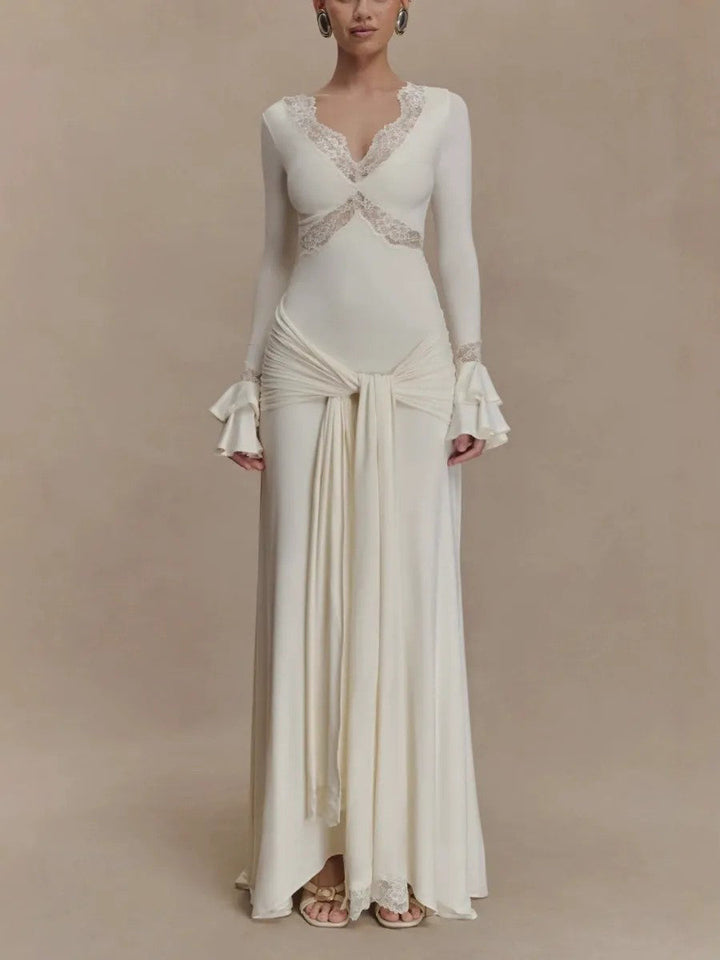 Sexy Lace Panel Trumpet Sleeve Maxi Dress