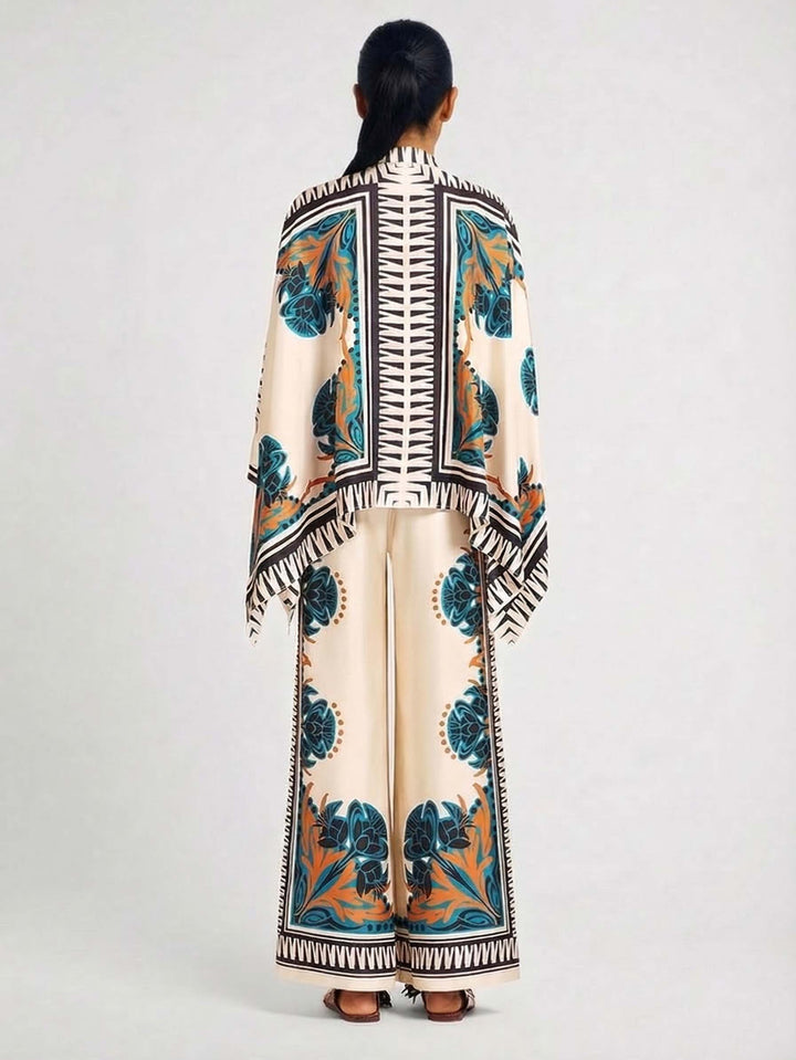 Exquisite Satin Floral Print Shirt & Wide-Leg Pants Set