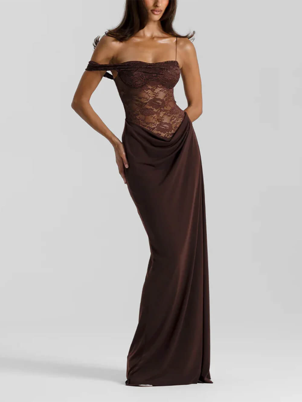 Sexy and Delicate Off-the-Shoulder Lace Panel Maxi Dress