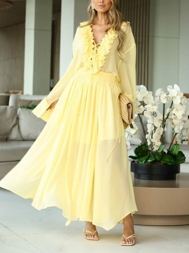 Elegant Ruffled V-Neck Chiffon Blouse