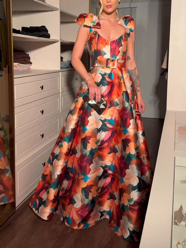 Elegant Floral Print Bow A-line Maxi Dress