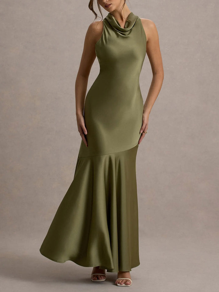 Elegant Satin Cowl Neck Sleeveless Mermaid Maxi Dress