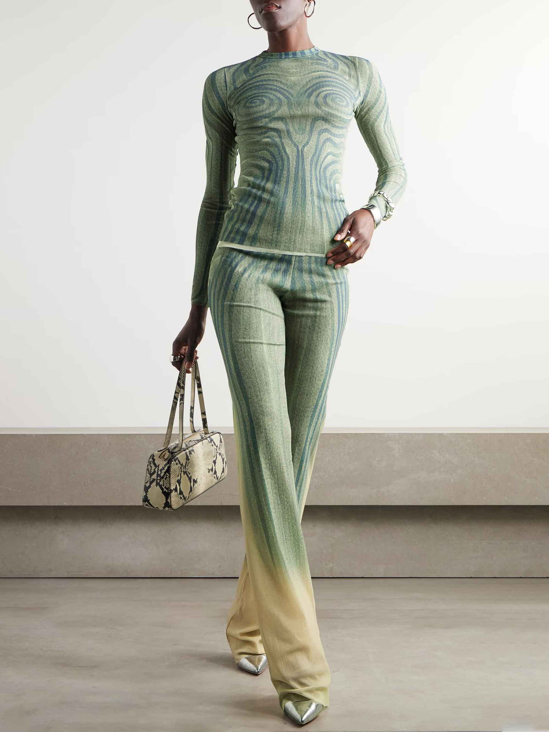 Abstract Print Stretch Knit Wide-Leg Pants