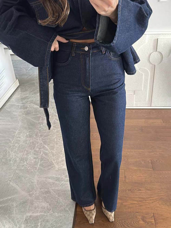 Classic Fashion Workwear-Style Denim Button-Up Long Sleeve Pocketed Collar Jacket