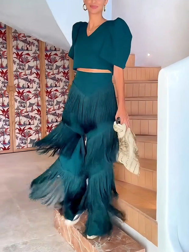 Elegant Puff Sleeve Cropped V-Neck Top
