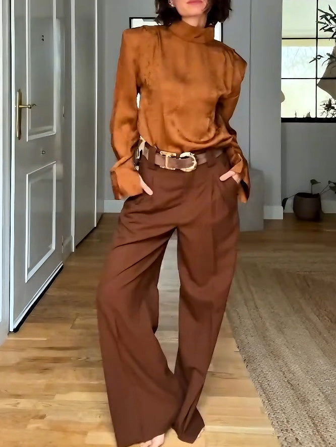 Elegant Satin High-Neck Long-Sleeve Blouse
