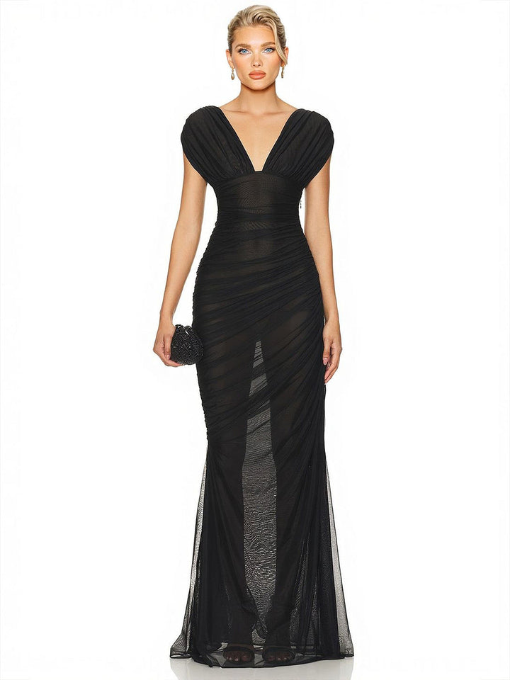 Elegant Sheer Mesh Ruched Deep V-Neck Maxi Dress