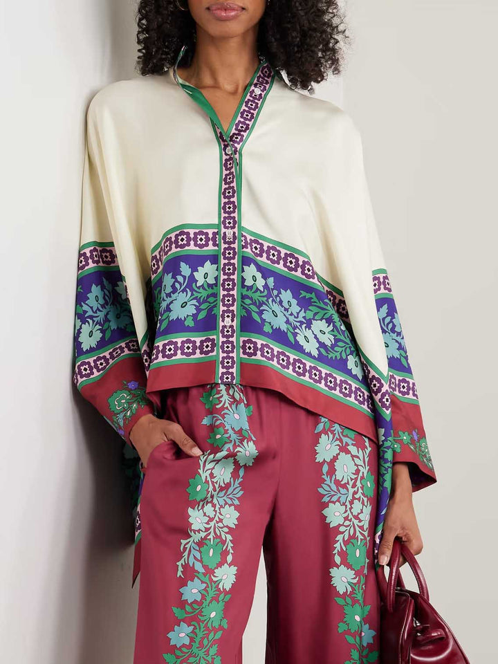Exquisite Retro Satin Print Wide-Leg Pants