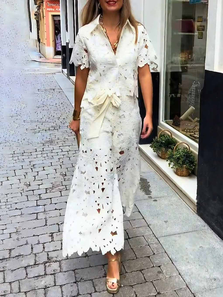 Casual Cutout Lace Shirt & Wide-Leg Pants Two-Piece Set
