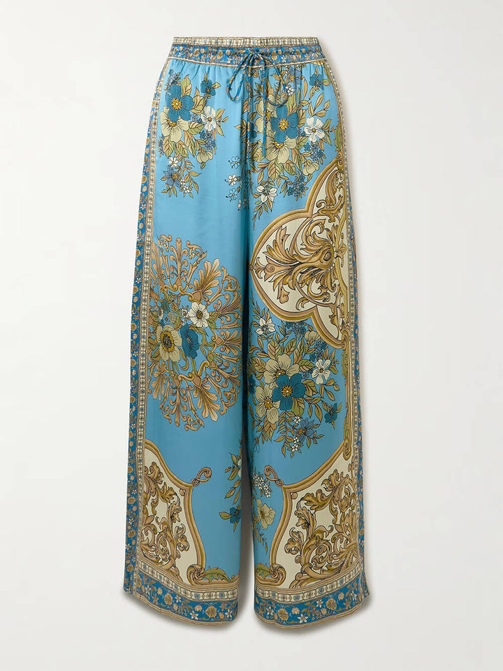 Unique Casual Floral Print Satin Elastic-Waist Pockets Wide-Leg Pants