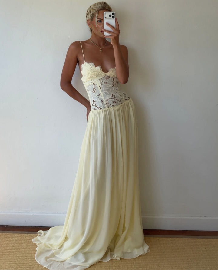 Elegant Lace Spaghetti Strap Floral Appliqu¨¦ Maxi Dress