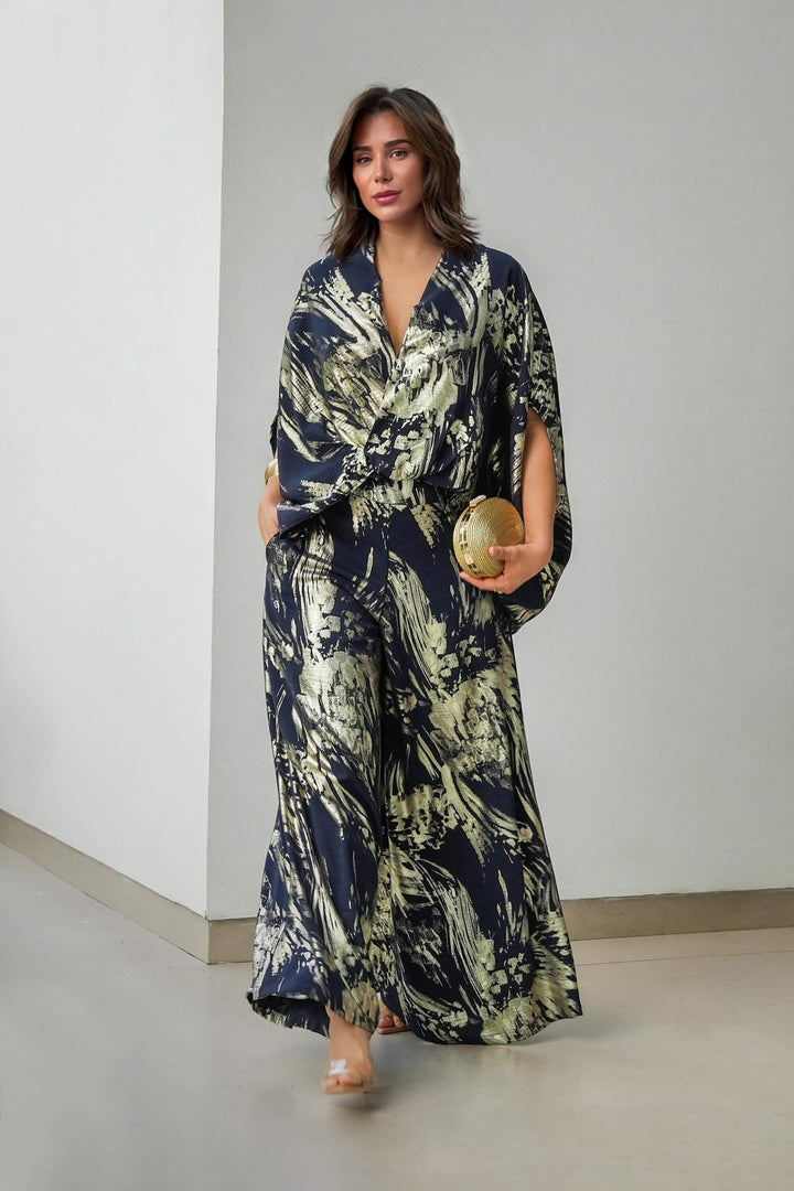Retro Fashion Ethnic Print Drop-Shoulder Top Elastic Waist Wide-Leg Pants Set