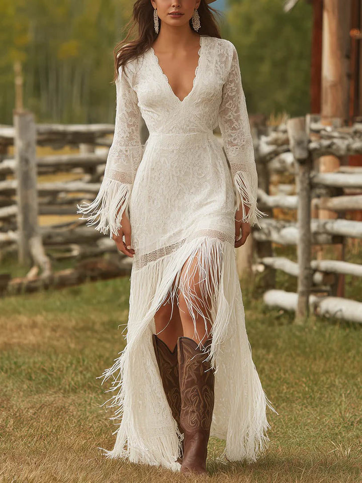 Retro Lace Irregular Tassel Maxi Dress
