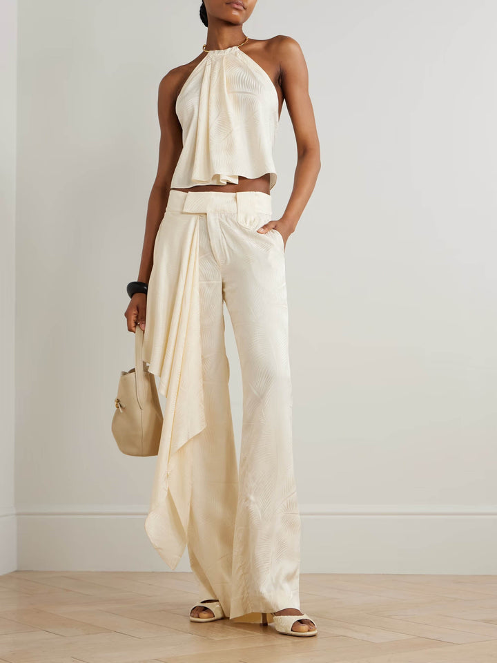 Elegant Backless Cropped Top & Draped Wide-Leg Pants Set