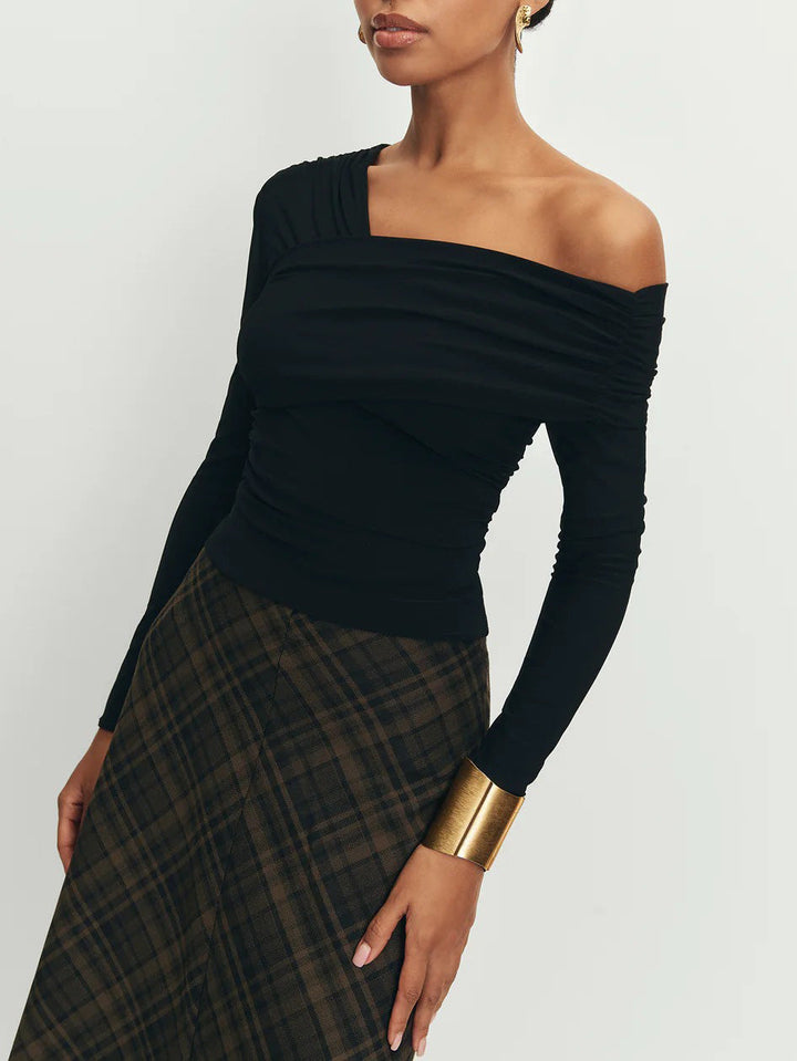 Elegant Off-Shoulder Ruched Long-Sleeved Top
