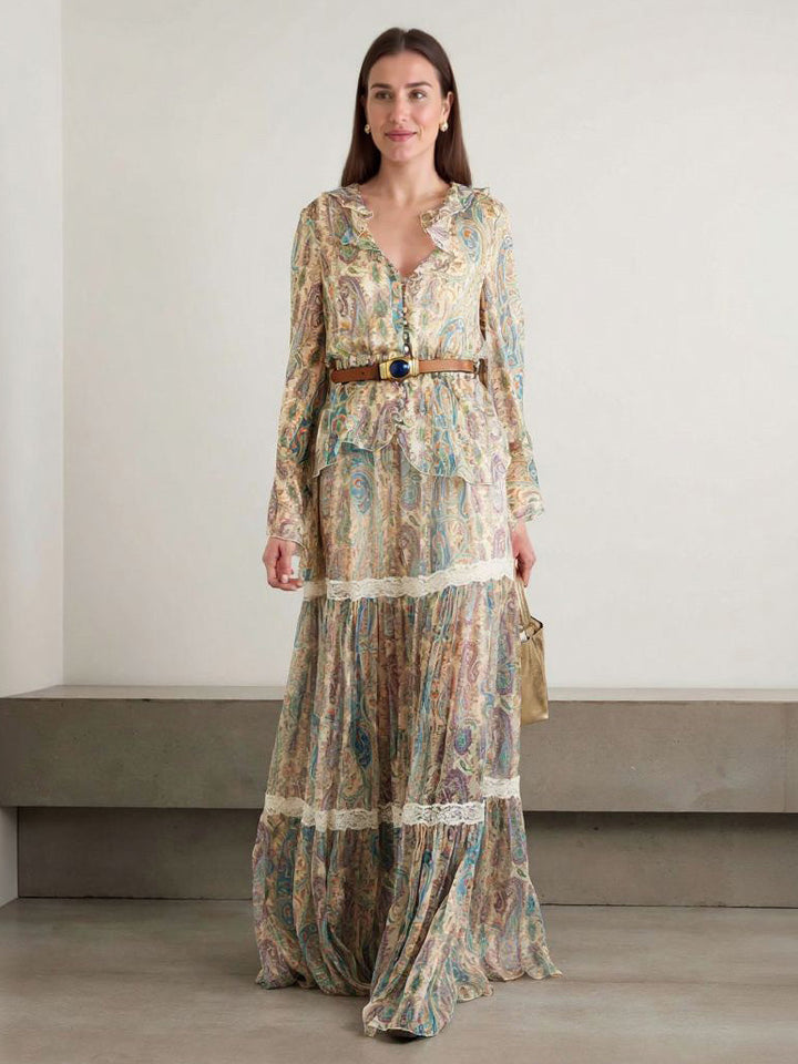 Exquisite Paisley Print Ruffle Collar Shirt