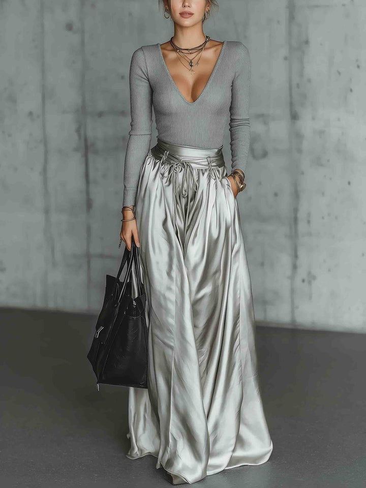 Modern Ribbed Top & Metallic Maxi Skirt Set