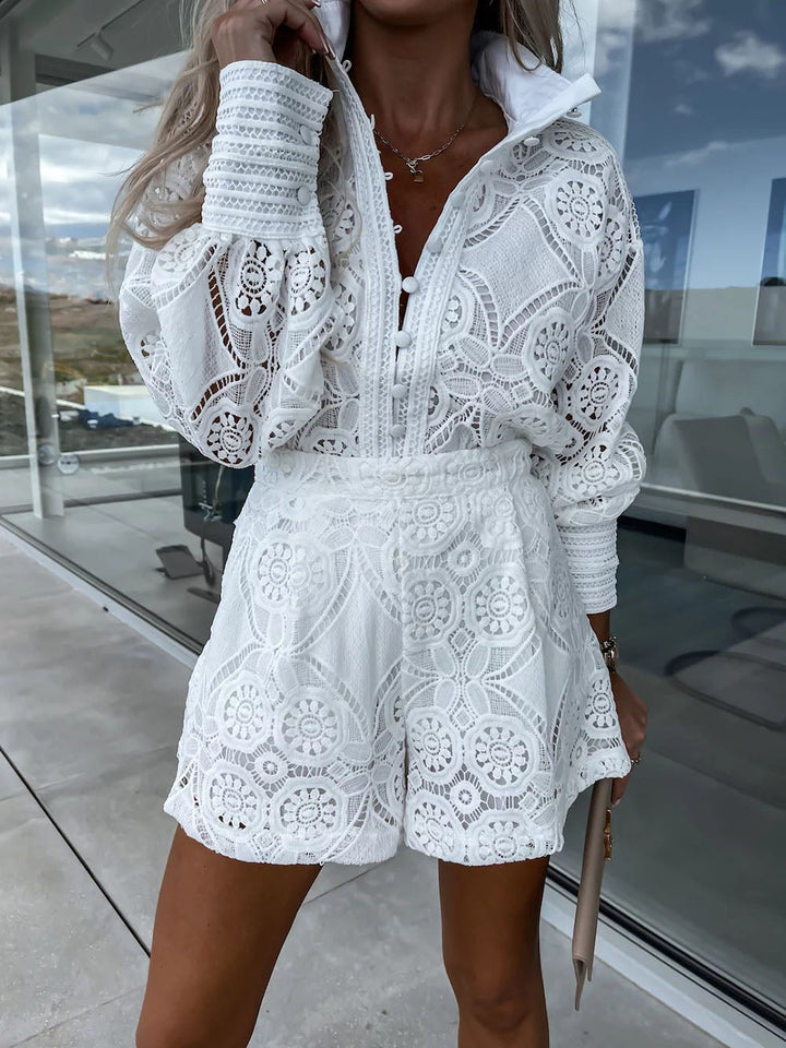 Casual Style Unique Single-Breasted Stand-Up Collar Lace Shorts Suit