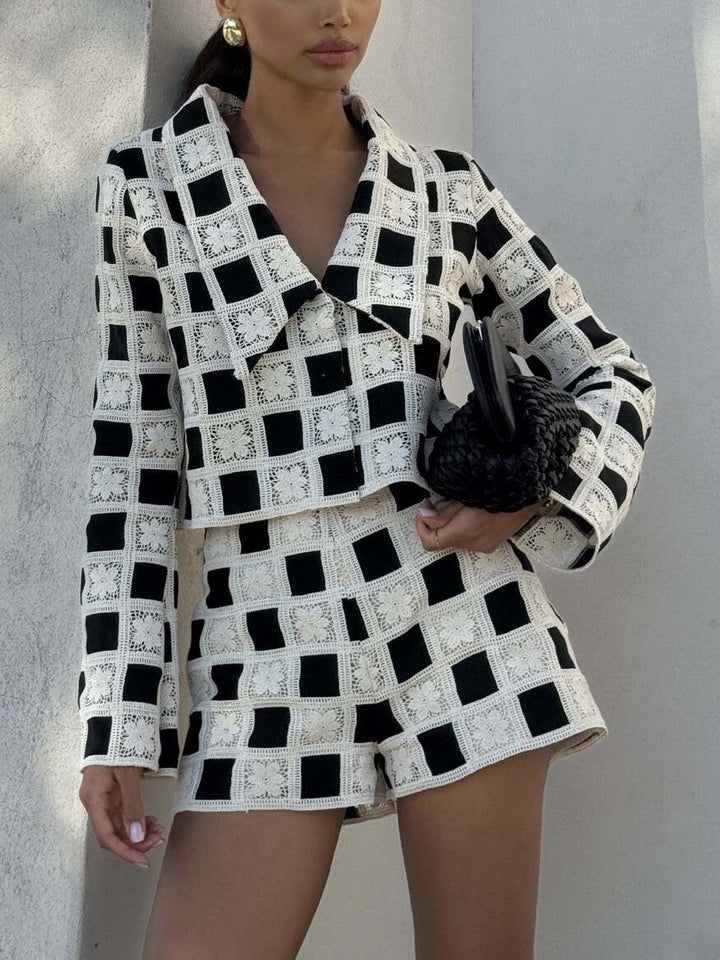 Exquisite Crochet Grid Pattern High-Waisted Shorts