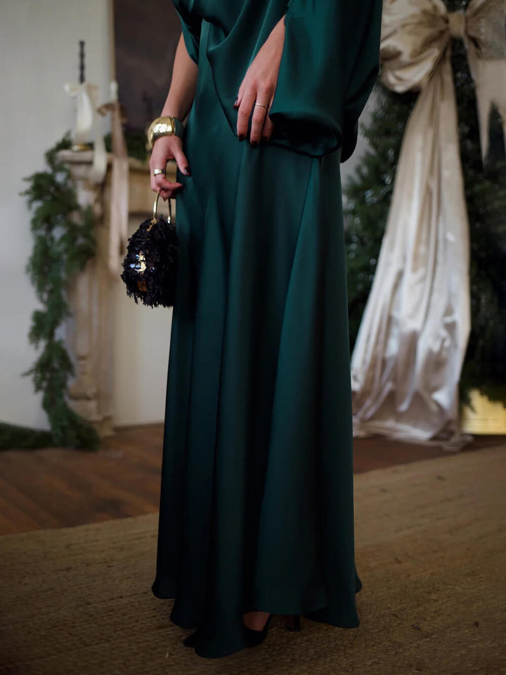 Exquisite Satin Pleated Shirt and High-Waist Maxi Skirt Set