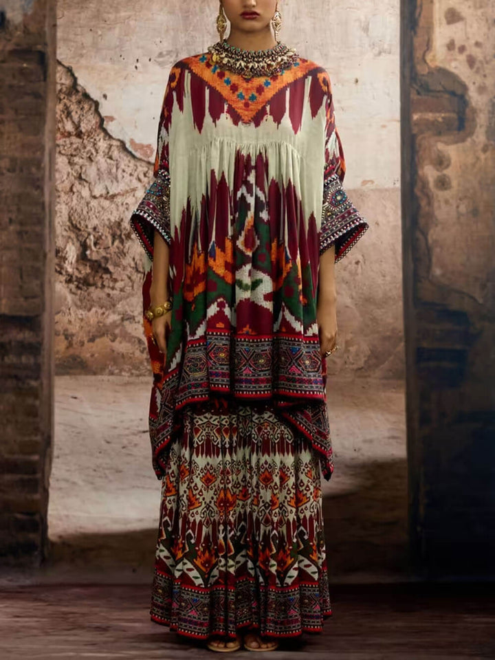 Unique Ethnic Print Bell Bottom Oversized Wide-Leg Pants