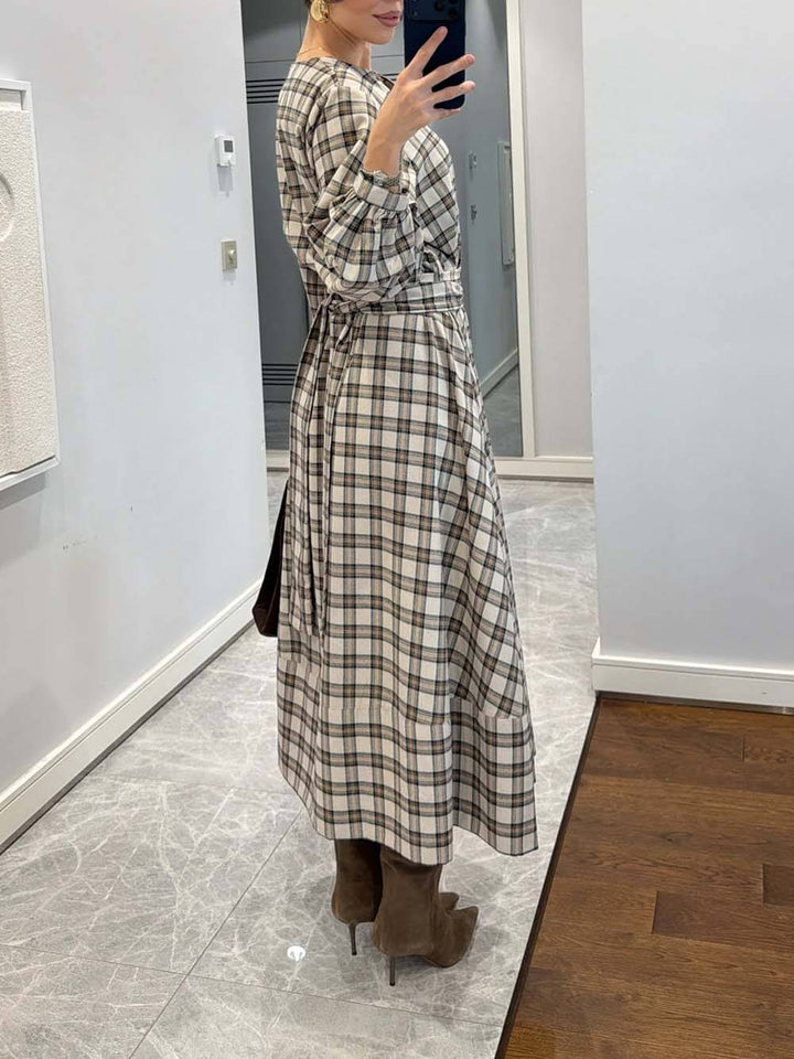 Retro Plaid Print Belted Midi Dress