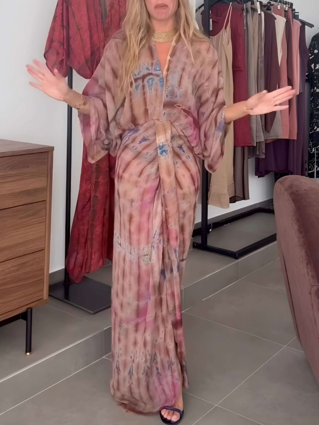 Bohemian Kimono-Inspired Tie-Dye Print Waist-Tie Maxi Dress