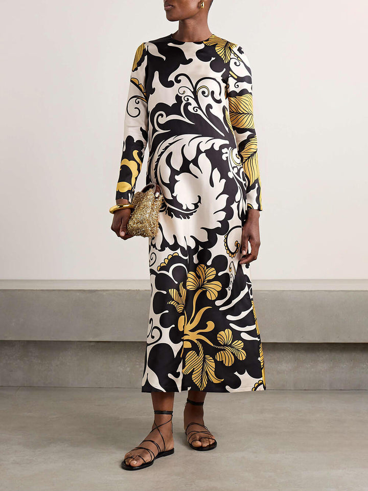 Unique Satin Swing Print Twill Midi Dress